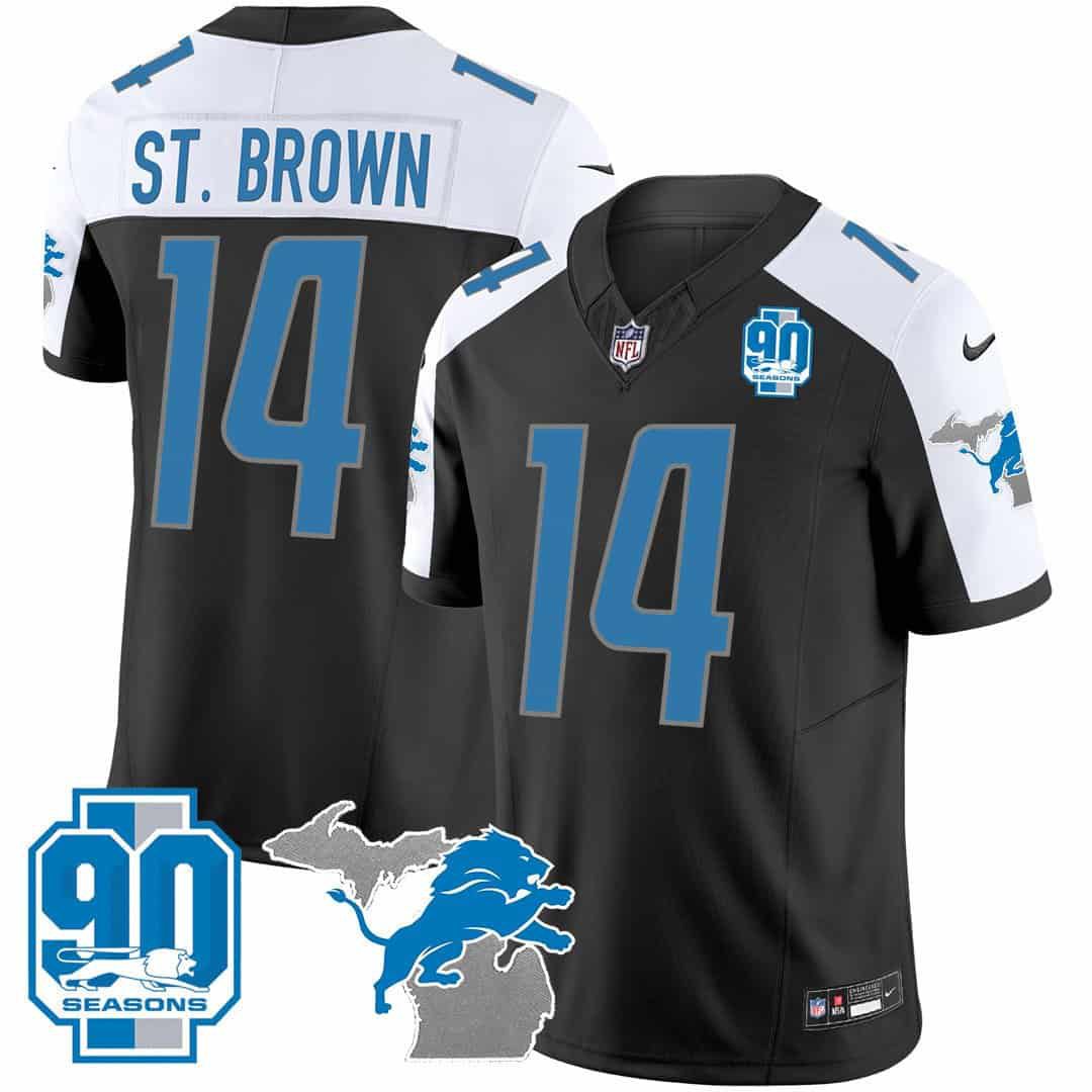 Men Detroit Lions #14 ST Brown Black 2024 Nike 90th Year Michigan Patch Vapor NFL Jersey